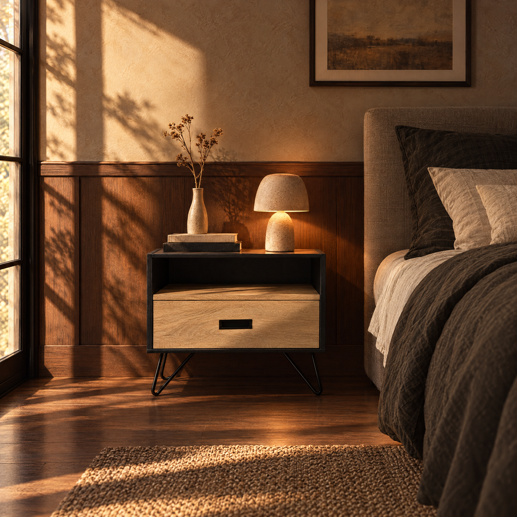 16" Accent Table with Display Shelf, Oak & Black — bedroom, wide