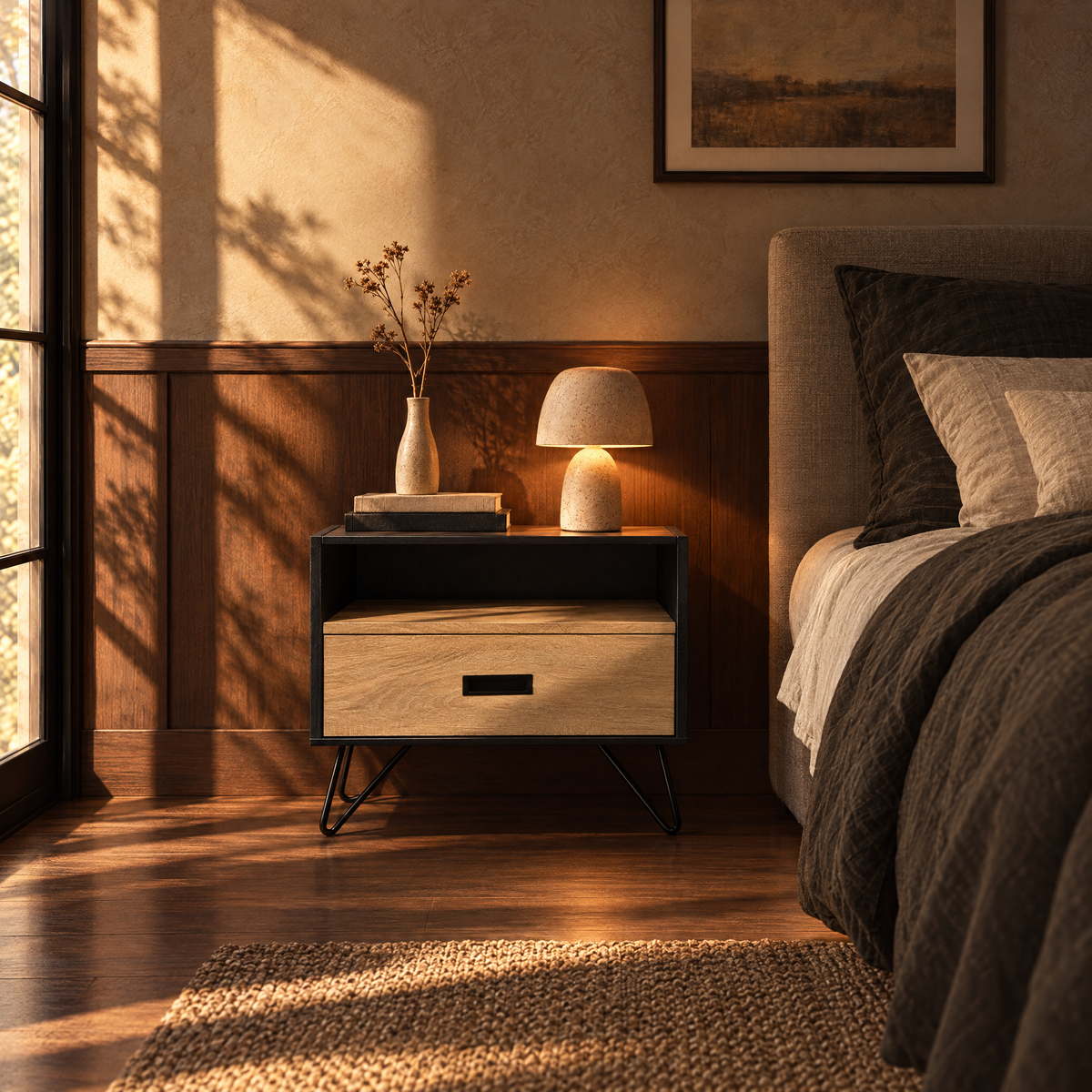 16" Accent Table with Display Shelf, Oak & Black — bedroom, wide