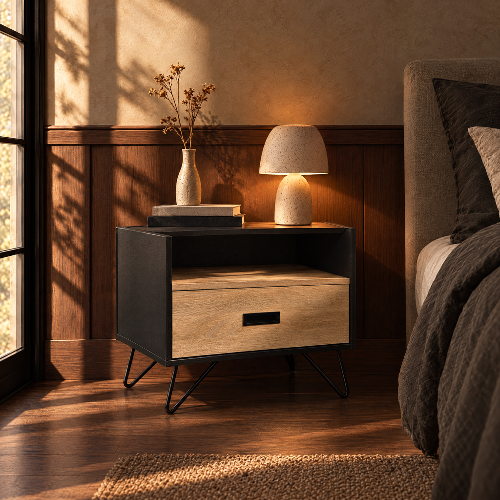 16" Accent Table with Display Shelf, Oak & Black — bedroom, three-quarter