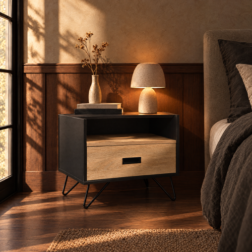 16" Accent Table with Display Shelf, Oak & Black — bedroom, three-quarter