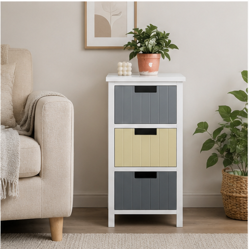 Storage Tower 3-Drawer – MDF, White & Multicolour, 35 × 28 × 58 cm